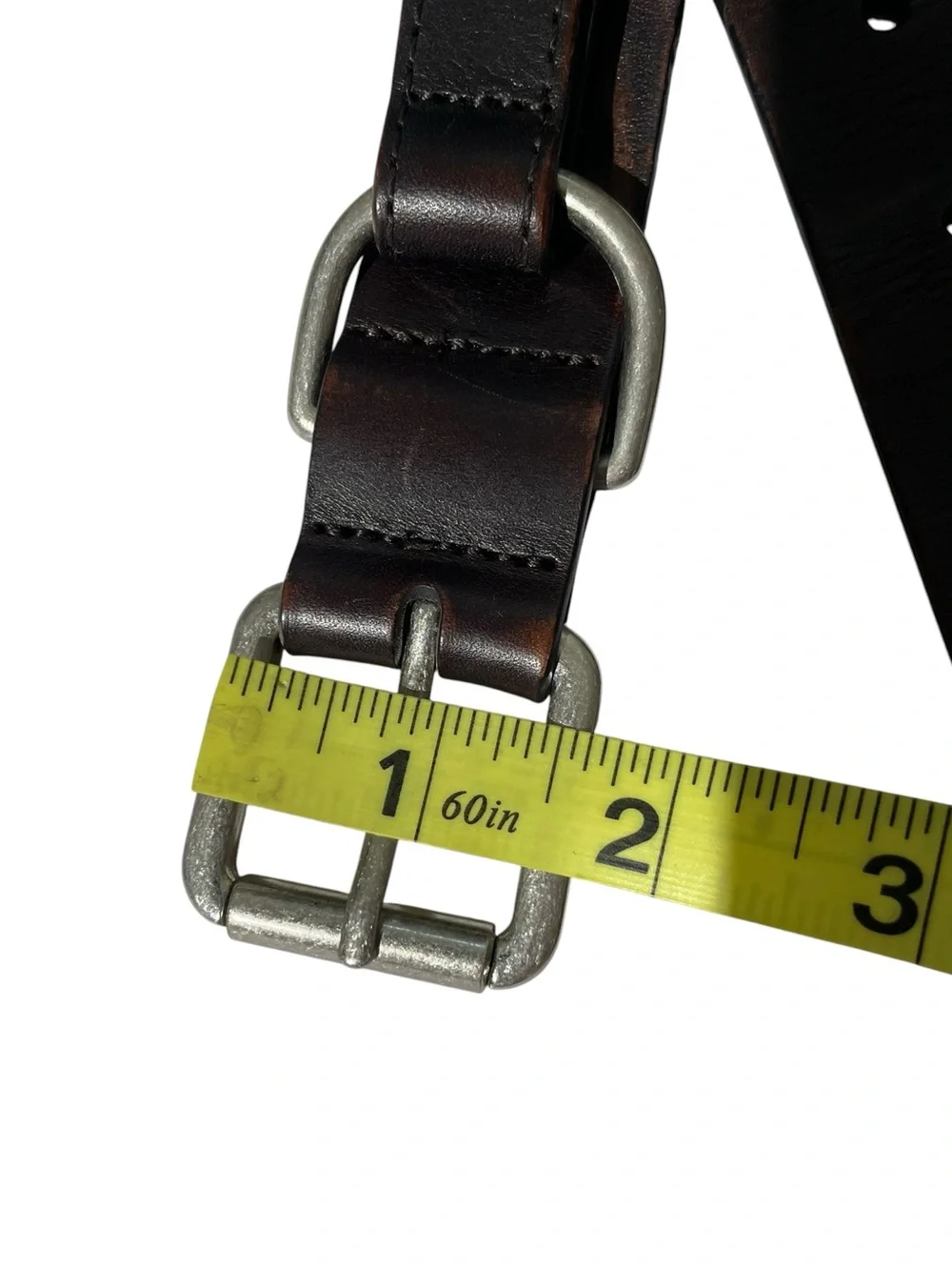 Vintage Men's Brown Leather Belt Double Silver Buckle Western City Hippie Sz 38